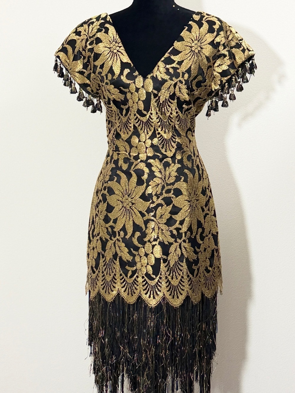 Casadei Gold Lace Mini Dress with Tassels